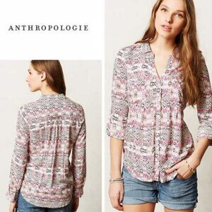 Maeve Anthropologie Pink Print Islet Top Roll Tab Sleeve Button Blouse